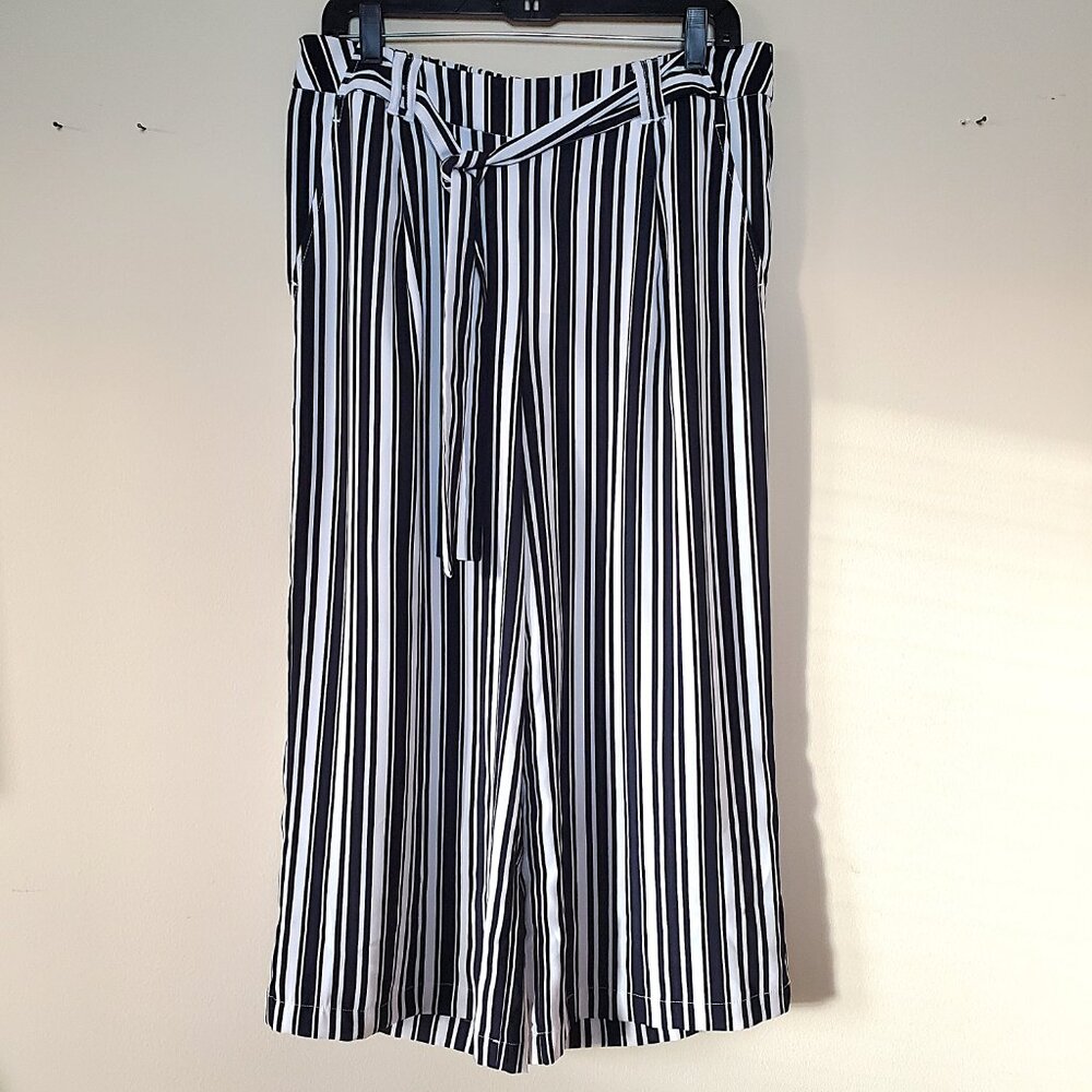 Cato Navy/White Striped High Rise Belted Wide Leg Pants SZ L - Picture 3 of 10